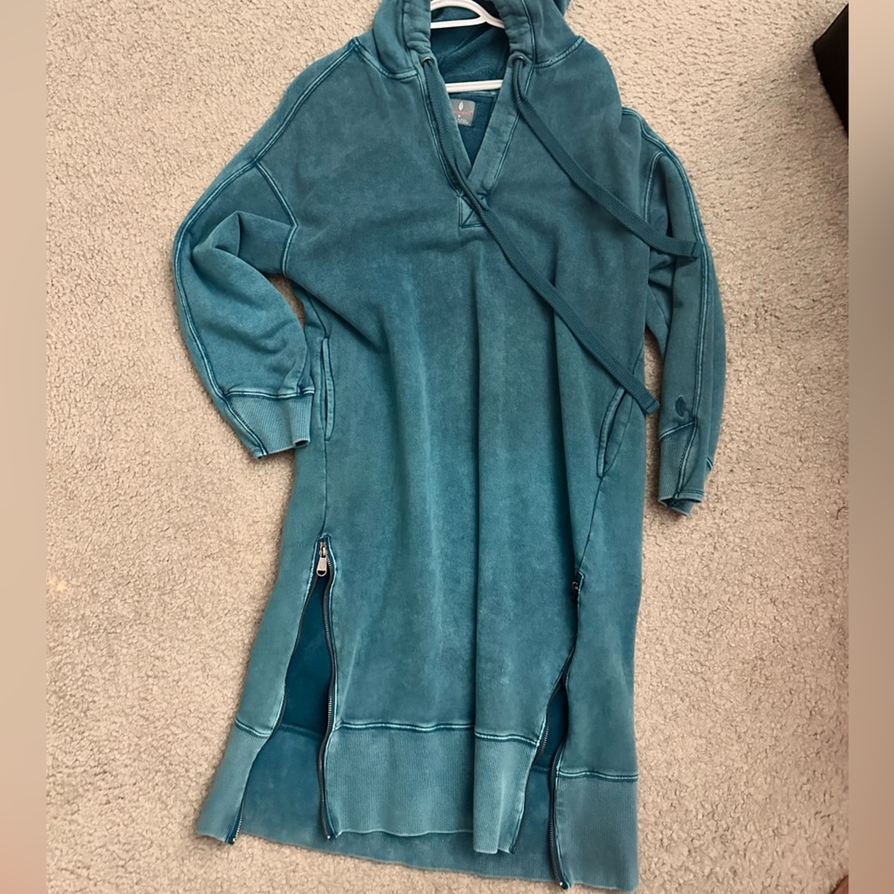 Teal Free People Spur of the Moment Hooded Tunic Sweatshirt Dress